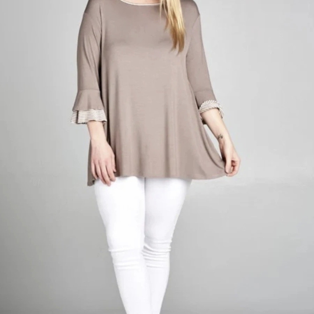 Emerald 2X Taupe Swing Tunic with Striped Bell Sleeves